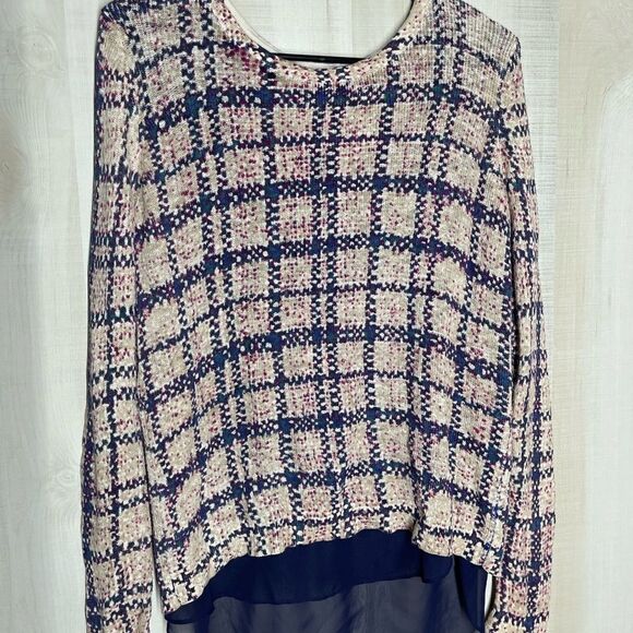 Lucky brand navy and beige plaid long sleeve top, size small - Picture 2 of 14